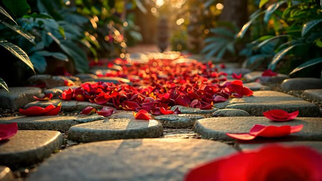 Red rose petals scattered on a cobblestone path, soft evening light. Romantic gesture concept. Design for wedding planners, romantic events, Valentine's Day promotions.