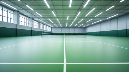 A badminton court with synthetic flooring, indoor setting with overhead lighting, Sleek style