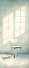 A white chair is sitting in front of a window, with sunlight shining on it