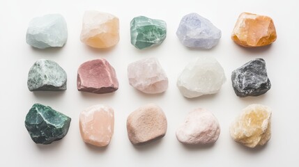 Naklejka premium A collection of colorful gemstones arranged in a grid on a white background.