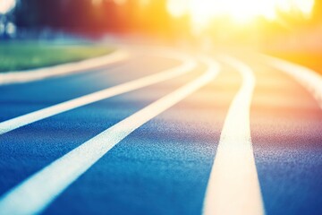 A close-up of a running track with white lines against a sun-drenched background.