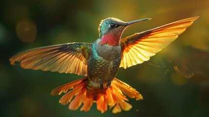 Fototapeta premium A hummingbird in flight with its wings spread wide, bathed in the warm glow of the setting sun.
