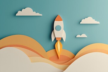Minimalist papercut rocket launching over layered waves in vibrant warm colors on a teal background with clouds.