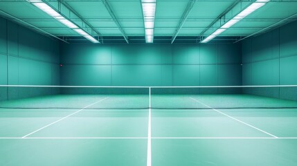 A badminton court's net with the floor texture and boundary lines, indoor setting with overhead lights, Sharp style