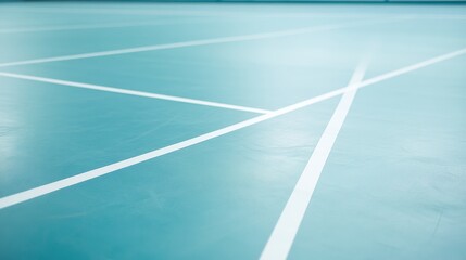 A badminton court's service line with the painted lines and floor texture, indoor setting with soft lighting, Sharp style