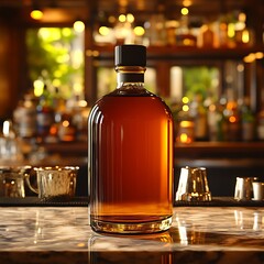 A bottle of amber-colored liquor sits on a marble countertop in front of a blurred background of a bar.