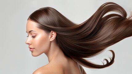 A stunning young brunette showcases healthy, smooth hair in a beauty fashion portrait set against a neutral gray backdrop.
