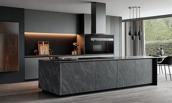 Modern kitchen design with large island, sleek cabinets, and natural light.