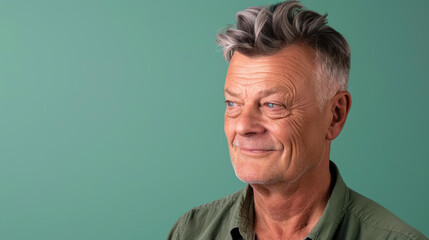 Obraz premium Stylish senior man with grey hair, casually dressed, offers a confident smile in a relaxed profile pose.