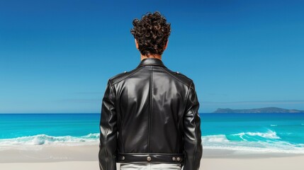 Fototapeta premium A lone man in a sleek leather jacket gazes at the vast sea, lost in thought as waves crash along the shore.