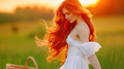 Obraz premium A redhaired woman strolls through a meadow, basking in the sunset glow, carrying a wicker basket by a tranquil well.