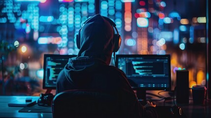 Fototapeta premium Hooded figure working at a computer in front of a city skyline at night.
