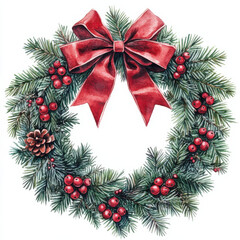 festive holiday wreath adorned with red berries, pinecones, and red bow, perfect for seasonal decoration