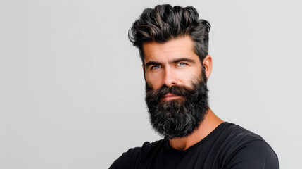 Fototapeta premium A sepiatoned portrait highlights a bearded man in profile, sharply dressed in black, shrouded in mysterious fog.
