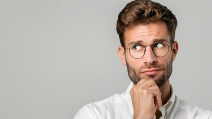 A pensive young man grapples with uncertainty, seeking a solution in solitude against a minimalist grey backdrop.