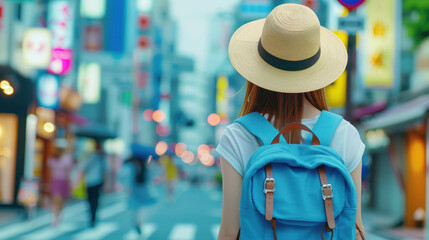 Obraz premium A middleaged woman explores the city streets, equipped with her backpack, embracing the joy of solo travel and adventure.