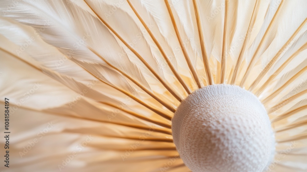 Poster a badminton shuttlecock feathers with focus on the arrangement and symmetry, indoor setting with flu