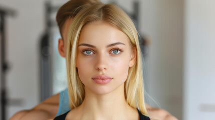 Fototapeta premium A muscular man shows strength as he carries an attractive blonde woman on his shoulders in a gym setting.