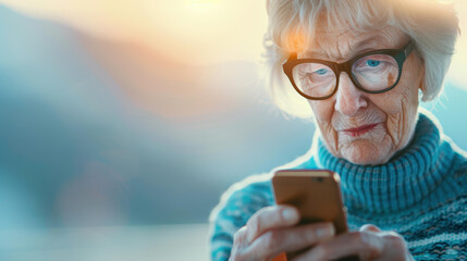An elderly lady enjoys the sunlight while using her smartphone at home, connecting with loved ones effortlessly.