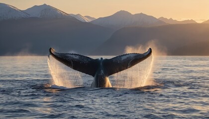 Fototapeta premium Humpback whale tail breaking surface at dawn