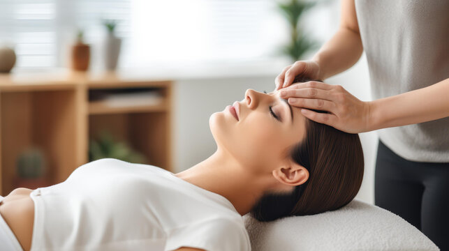 A young woman enjoys a relaxing head massage at a tranquil beauty spa, enhancing her wellness and serenity.