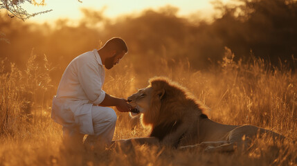 Veterinarian examining a tranquilized lion in the wild, safari background, golden sunlight
