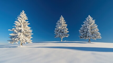 Fototapeta premium A serene winter landscape featuring three snow-covered trees against a clear blue sky.