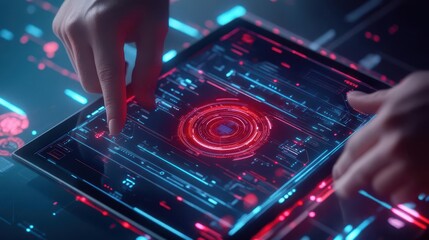 Obraz premium User browsing electronic products on a digital marketplace tablet, cyberpunk tones, sleek and futuristic