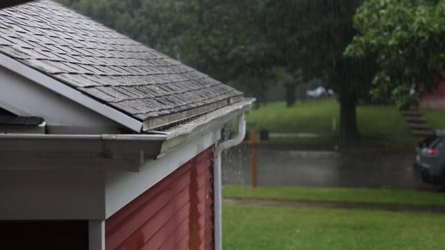 Water draining down into clogged gutter during a rain storm 