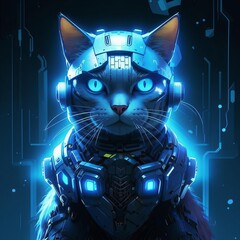 Fototapeta premium A robot cat in the cyberpunk style glowing in blue. ART.