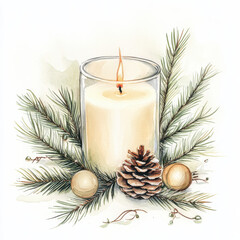 serene candle surrounded by pine branches, pine cones, and ornaments, evoking cozy winter atmosphere. Perfect for holiday decor