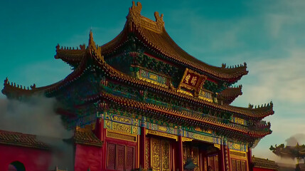 Fototapeta premium An ornate, traditional Chinese temple with red walls, golden roofs, and intricate carvings, set against a dramatic sky with swirling clouds.