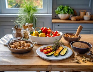 Minimalist Dining Table Display With Freshly Grilled Vegetables, Vegan Protein, and a Variety of Organic Spices for a Simple and Healthy Home-Cooked Dinner