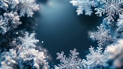 An elegant snowflake border with shimmering silver and white snowflakes, creating a delicate frame around a central blank area, soft glow, hd quality, highly detailed textures. --ar 16:9