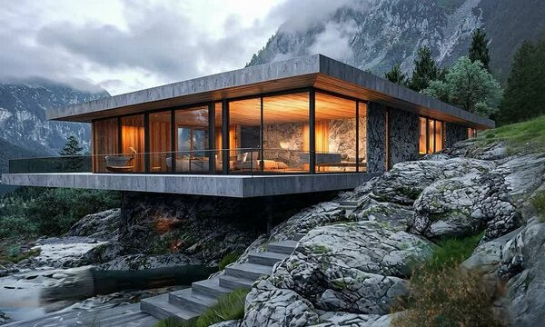 Modern mountain home on a rocky ledge, with sleek timber and glass exterior, presenting a breathtaking view of rugged peaks and a tranquil alpine lake
