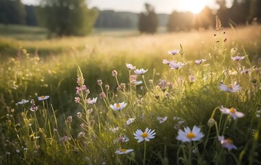 Fototapeta premium High-Resolution Sunlit Wildflowers in Meadow with Soft Blurred Background