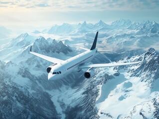 Fototapeta premium Aerial view of airplane flying over snowcapped mountains