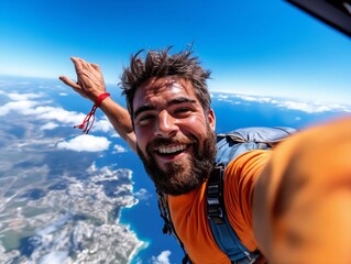 A man with a beard and a backpack is skydiving in the sky