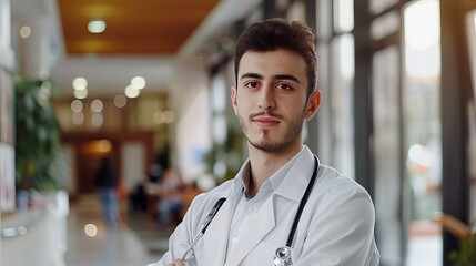 Fototapeta premium A Doctor in His Uniform Standing Proudly in the Hospital Lobby, Representing Commitment and Professionalism in Healthcare
