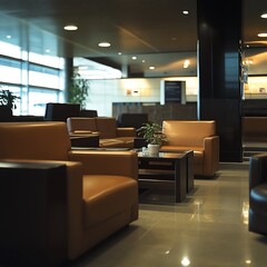 Fototapeta premium Airline lounge interior with leather seating and coffee tables