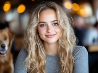Fototapeta premium A woman with long blonde hair sitting in front of a dog