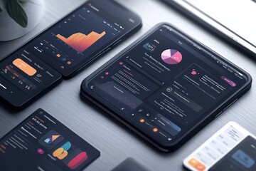A flat lay of various smartphone and tablet screens displaying graphs and charts.