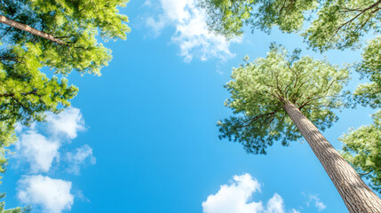 Fototapeta premium Exploring nature's beauty tall trees against blue sky forest outdoors upward view serenity