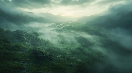 Obraz premium A misty valley with a river winding through it, surrounded by lush green hills and mountains.