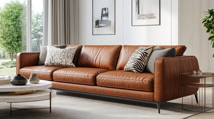 A brown leather sofa with black metal legs in a modern living room with a coffee table and large windows.