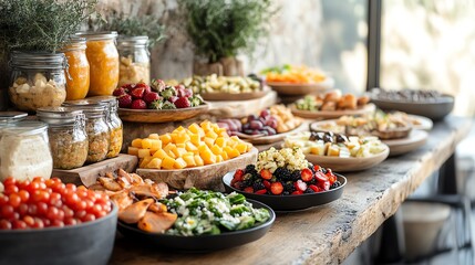 Fototapeta premium A vibrant assortment of fresh fruits, vegetables, and snacks beautifully arranged on a table.