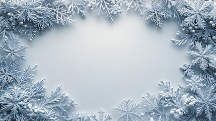 Delicate silver and white snowflakes with intricate patterns forming a festive border, framing a blank white central space, soft winter lighting, hd quality, ethereal and magical. --ar 16:9