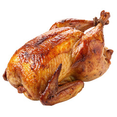 A view of a roasted chicken, slightly different angle, showcasing its plump, juicy appearance with browned skin and appealing texture, set against a transparent background