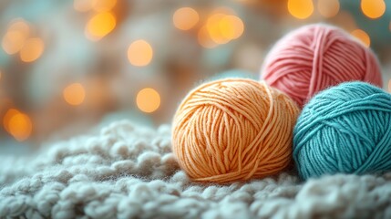 Colorful yarn balls resting on a cozy knitted surface, ideal for craft enthusiasts.