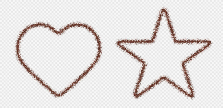 Coffee frame, chocolate border, ground arabica powder in heart and star shapes. Vector illustration.